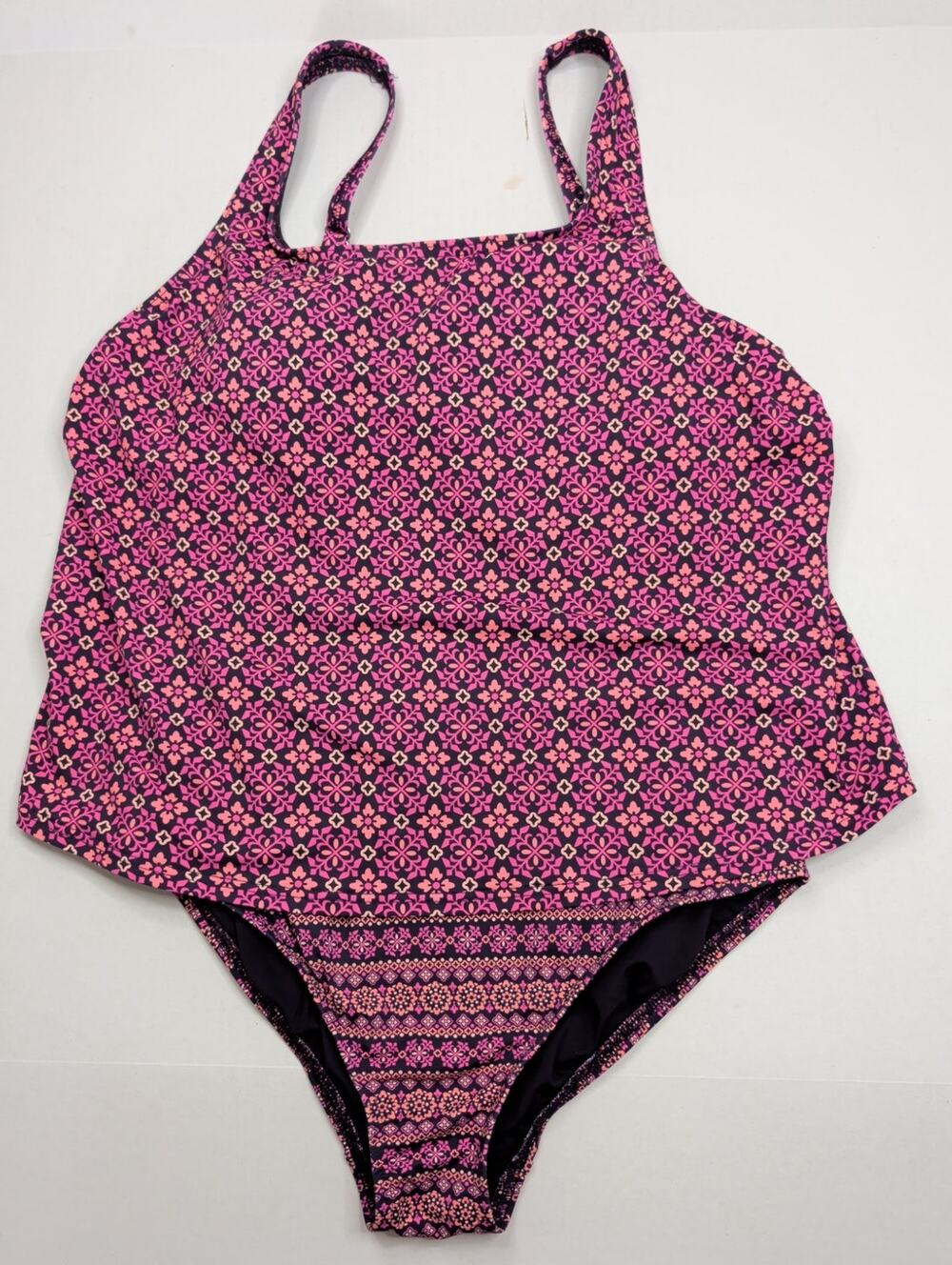 Lands' End Blouson One Piece Swimsuit Purple & Pink Geometric Women's Size 12